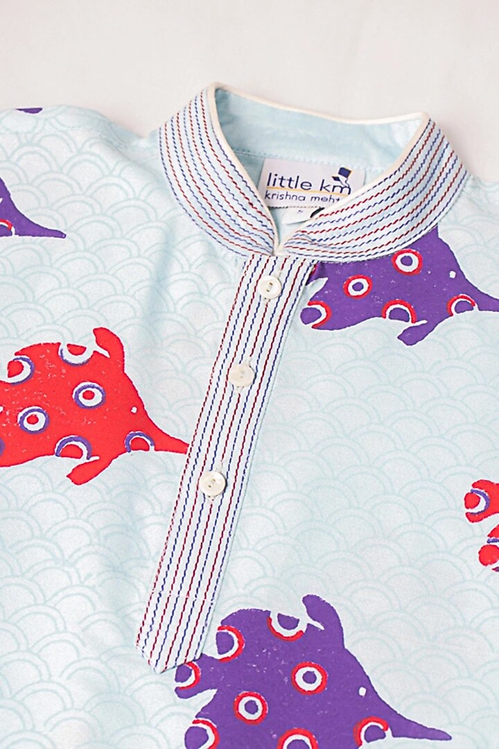 Sky Blue Printed Kurta Set For Boys by Krishna Mehta Kids at Pernia's Pop Up Shop