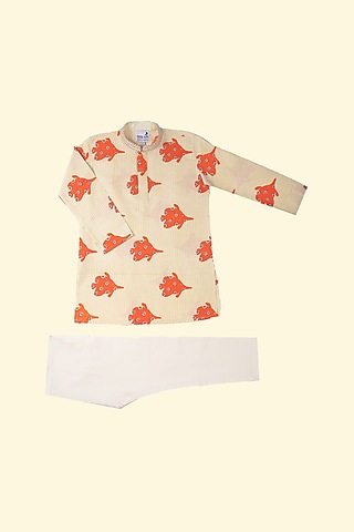 Beige Viscose Printed Kurta Set For Boys by Krishna Mehta Kids