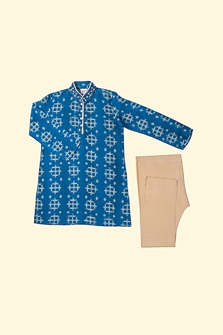 Blue Tie-Dyed Kurta Set For Boys by Krishna Mehta Kids