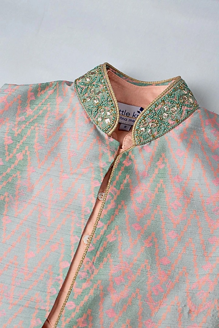 Green Tie-Dyed Bundi Jacket With Kurta Set For Boys by Krishna Mehta Kids at Pernia's Pop Up Shop