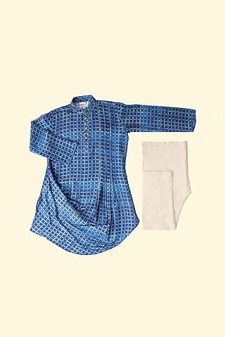 Blue Tussar Tie-Dyed Kurta Set For Boys by Krishna Mehta Kids