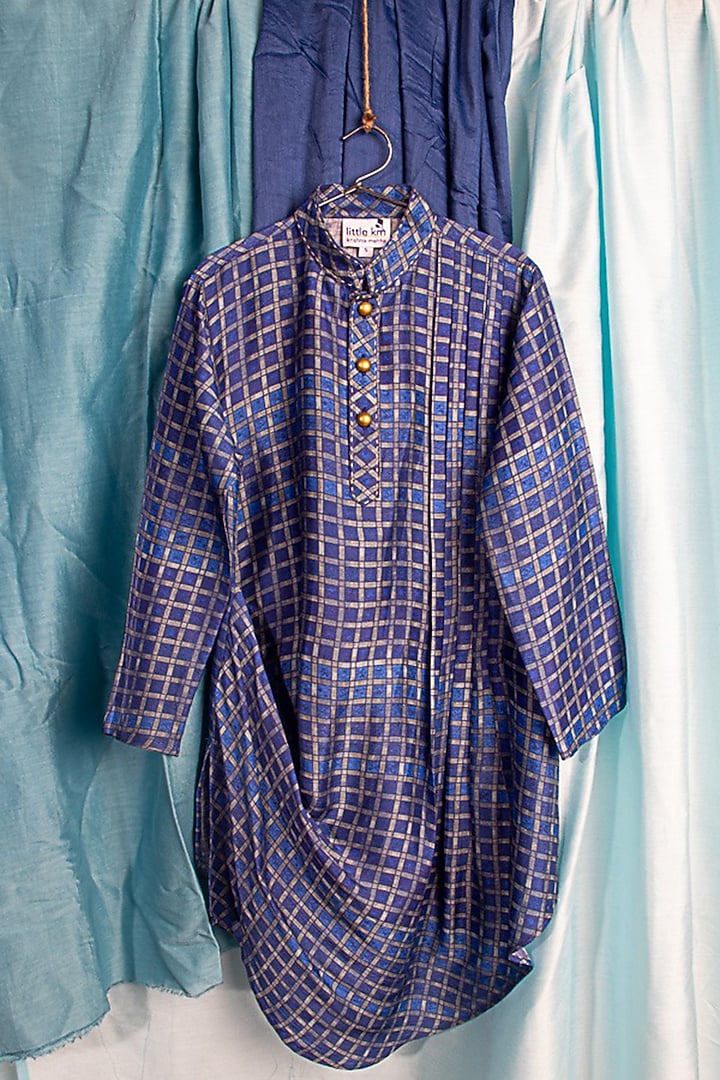 Blue Tussar Tie-Dyed Kurta Set For Boys by Krishna Mehta Kids at Pernia's Pop Up Shop