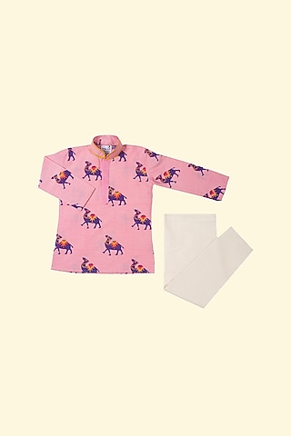 Pink Viscose Printed Kurta Set For Boys by Krishna Mehta Kids