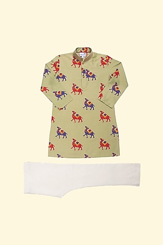 Green Printed Kurta Set For Boys by Krishna Mehta Kids