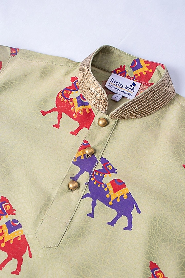 Green Printed Kurta Set For Boys by Krishna Mehta Kids at Pernia's Pop Up Shop