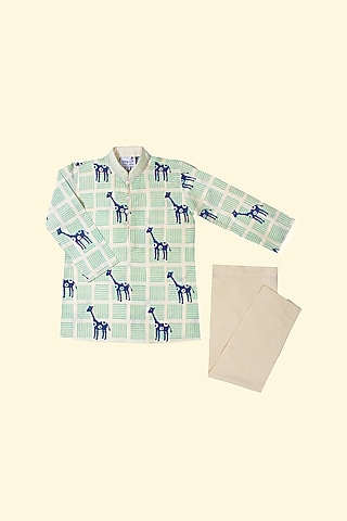 Blue Printed Kurta Set For Boys by Krishna Mehta Kids