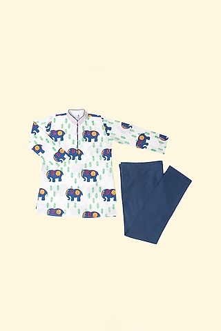 White Printed Kurta Set For Boys by Krishna Mehta Kids