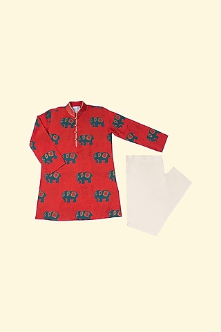 Red Viscose Printed Kurta Set For Boys by Krishna Mehta Kids