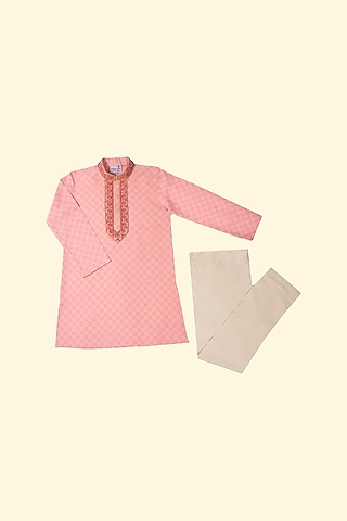 Pink Embroidered Kurta Set For Boys by Krishna Mehta Kids