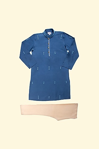 Blue Cotton Embroidered Kurta Set For Boys by Krishna Mehta Kids