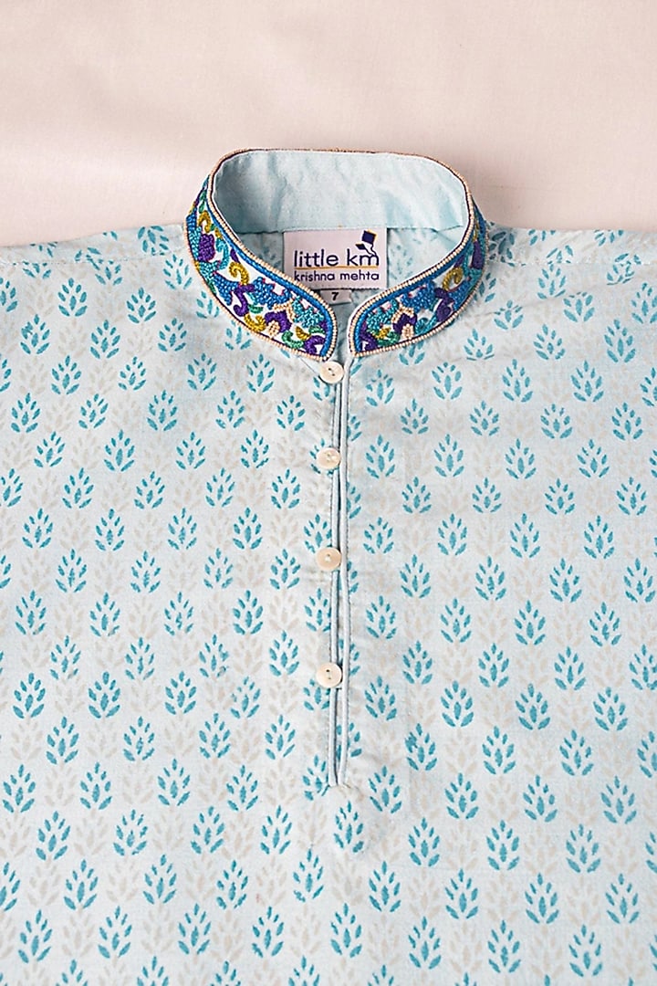 Sky Blue Viscose Printed Kurta Set For Boys by Krishna Mehta Kids at Pernia's Pop Up Shop