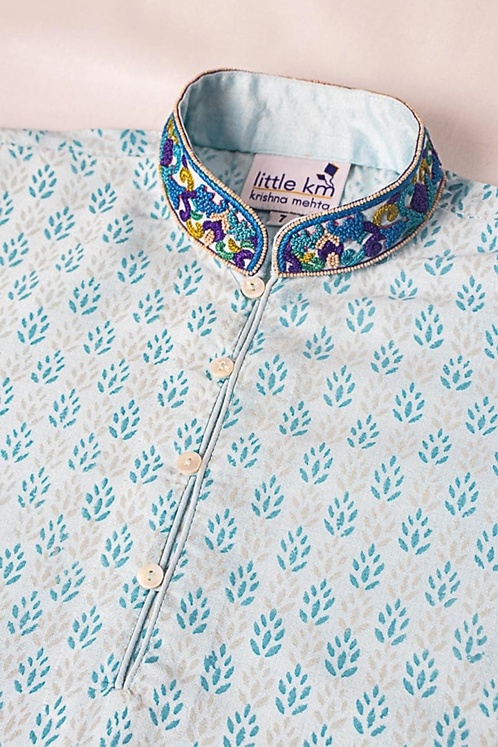 Sky Blue Viscose Printed Kurta Set For Boys by Krishna Mehta Kids at Pernia's Pop Up Shop