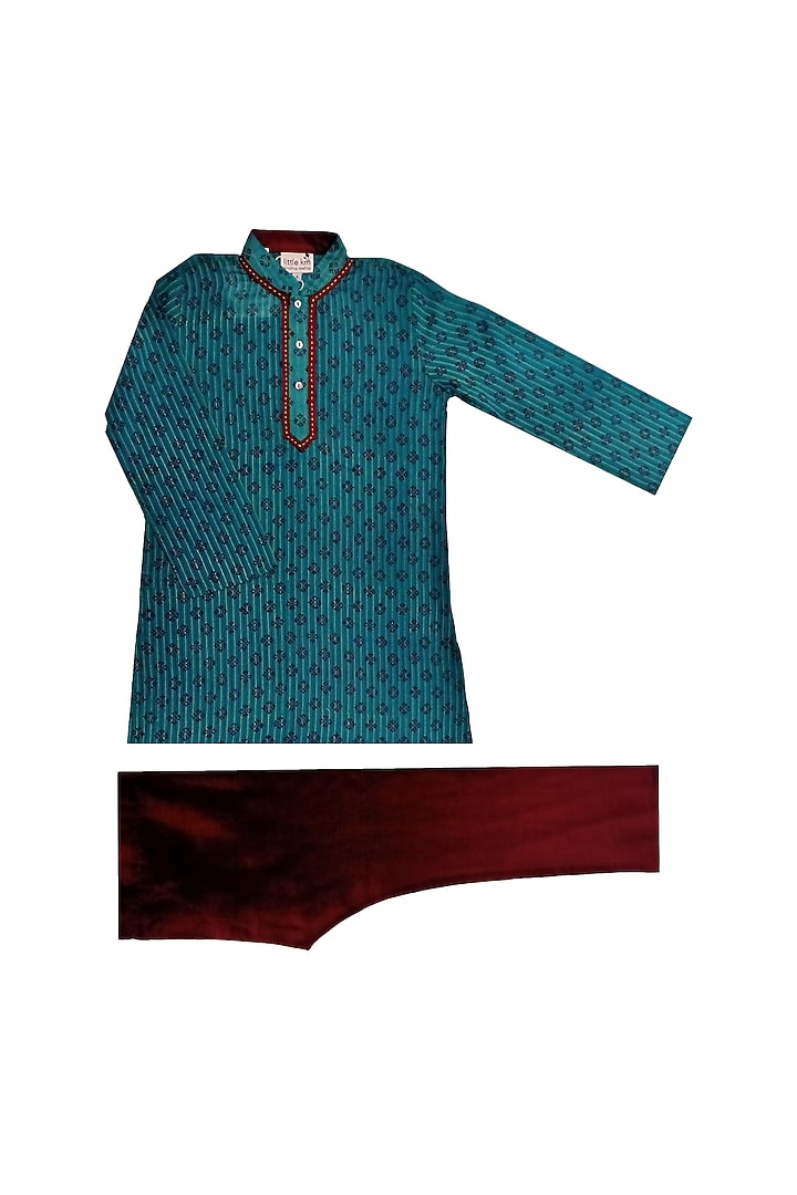 Turquoise & Red Printed Kurta Set For Boys by Krishna Mehta Kids at Pernia's Pop Up Shop