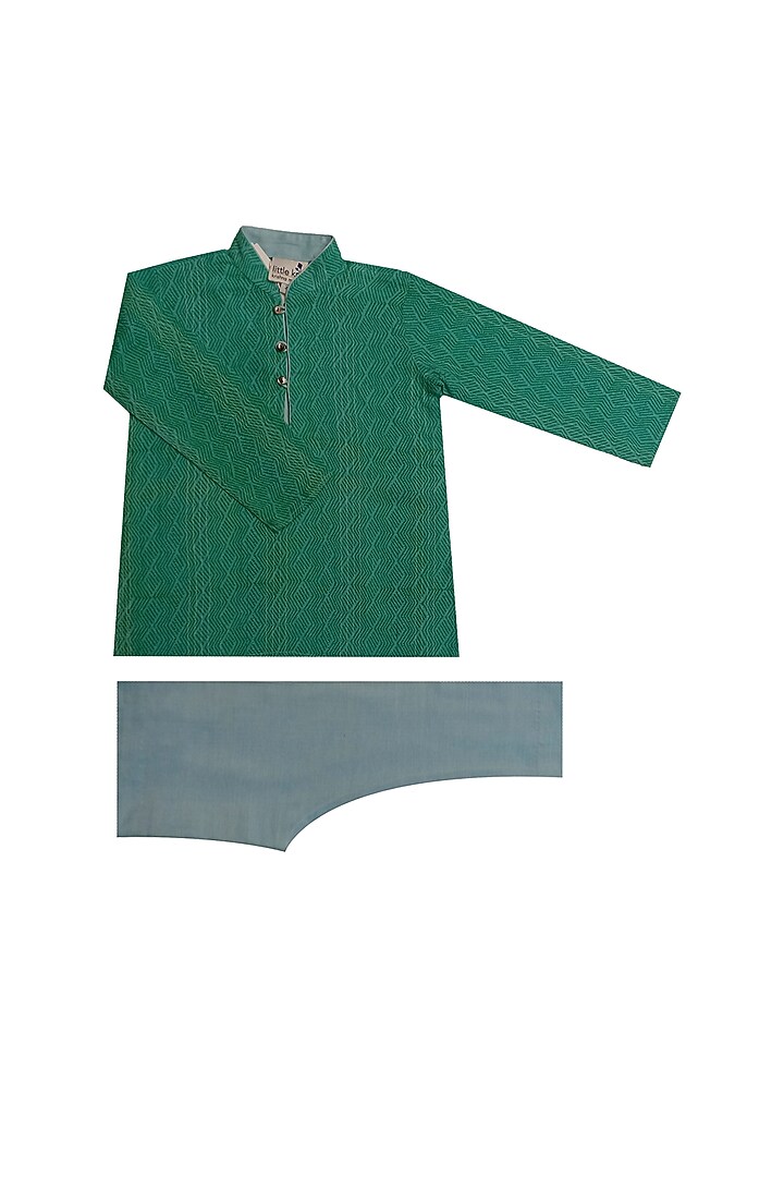 Turquoise Printed Kurta Set For Boys by Krishna Mehta Kids at Pernia's Pop Up Shop
