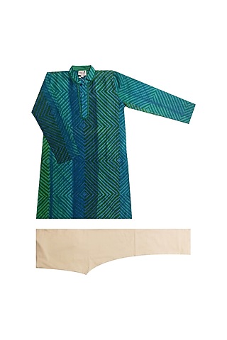 Blue Block Printed Kurta Set For Boys by Krishna Mehta Kids