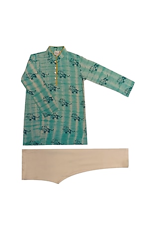 Blue & Turquoise Tie-Dye Kurta Set For Boys by Krishna Mehta Kids