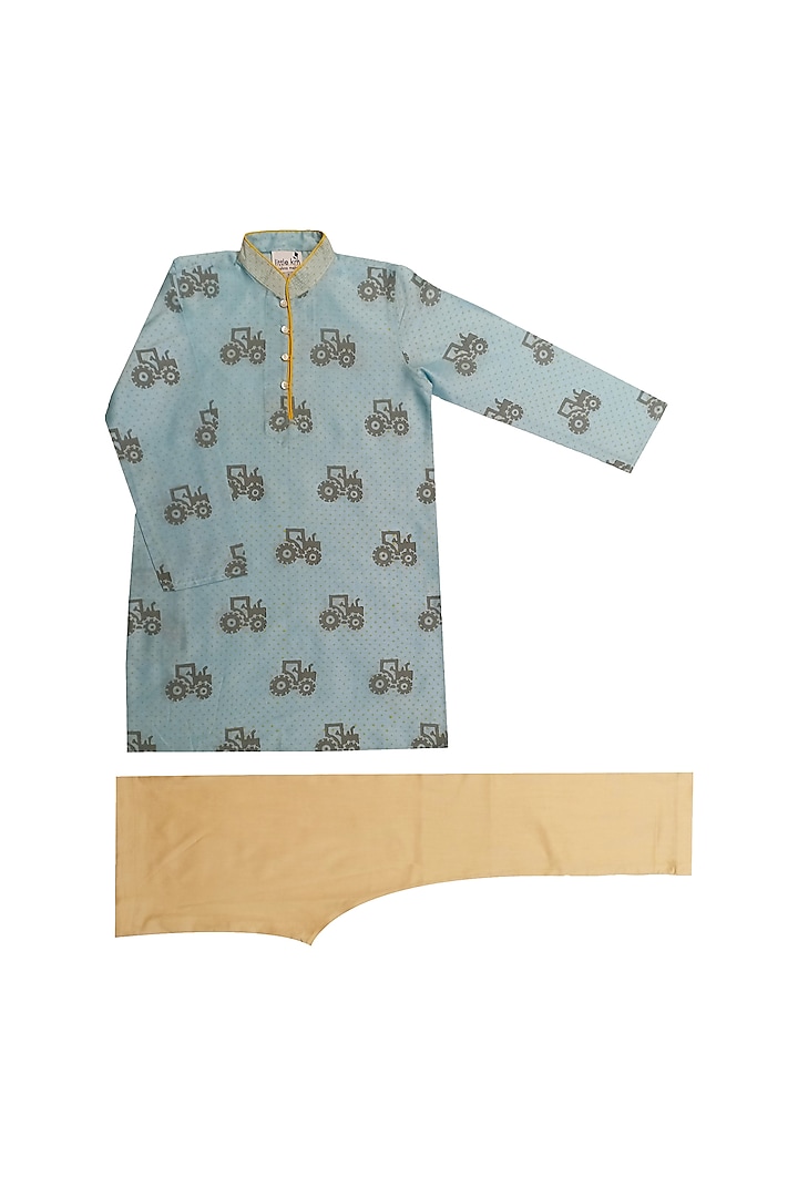 Light Blue Block Printed Kurta Set For Boys by Krishna Mehta Kids