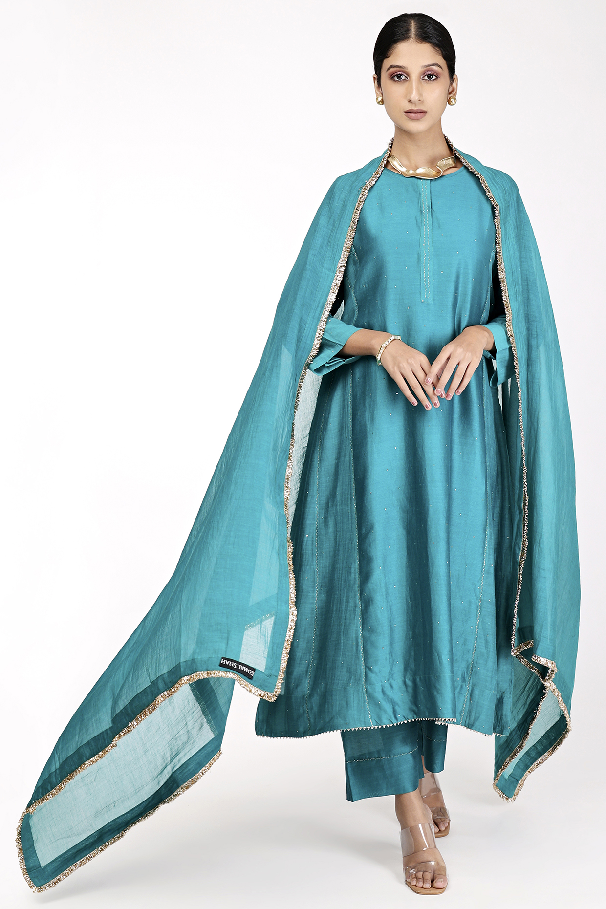 Blue Chanderi Embroidered Tunic Set by Komal Shah at Pernia's Pop Up Shop