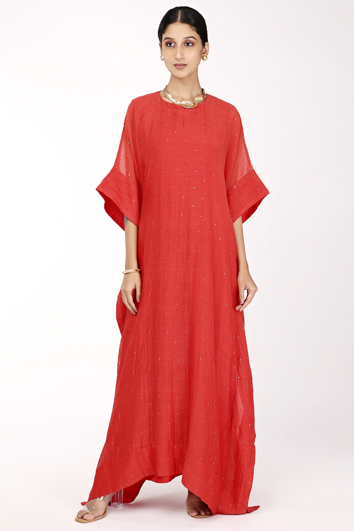 Red Chanderi Embroidered Kaftan by Komal Shah at Pernia's Pop Up Shop
