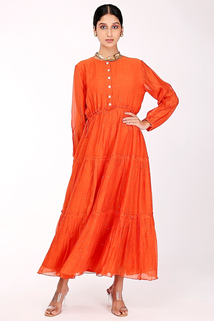 Orange Chanderi Embroidered Tiered Dress by Komal Shah