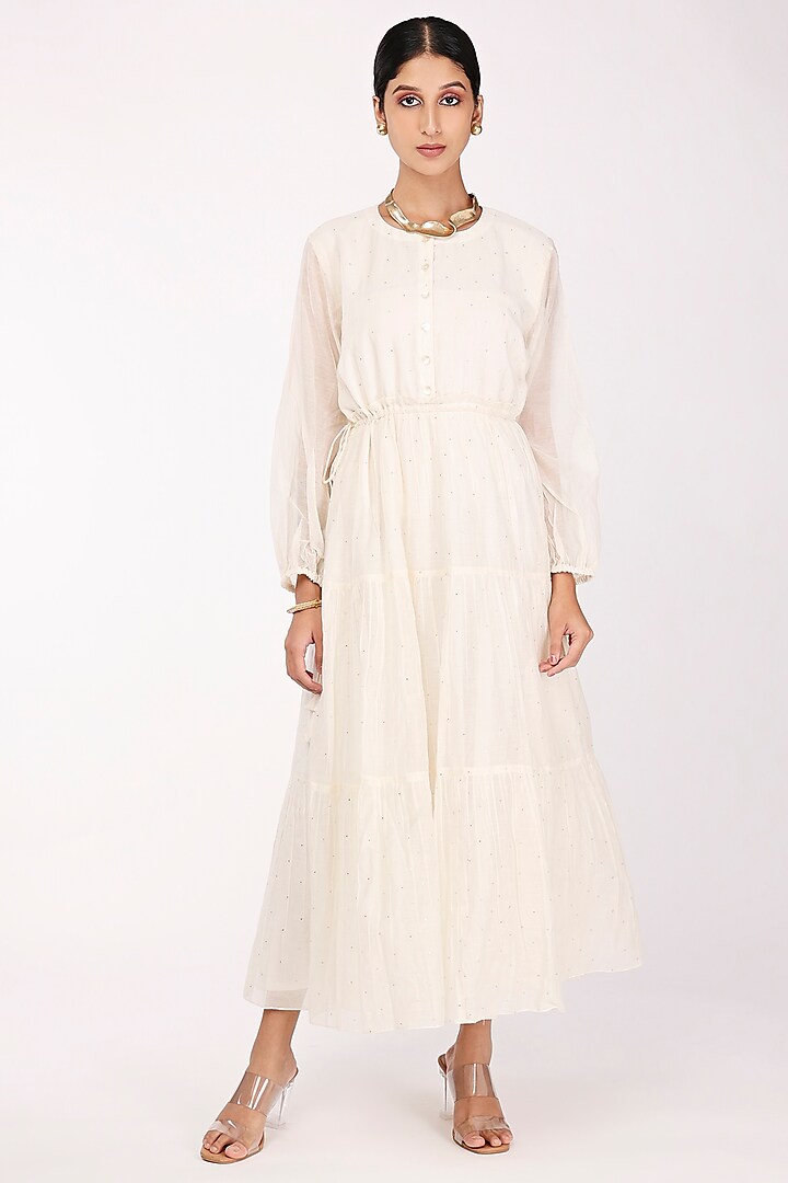 Off-White Chanderi Embroidered Tiered Dress by Komal Shah