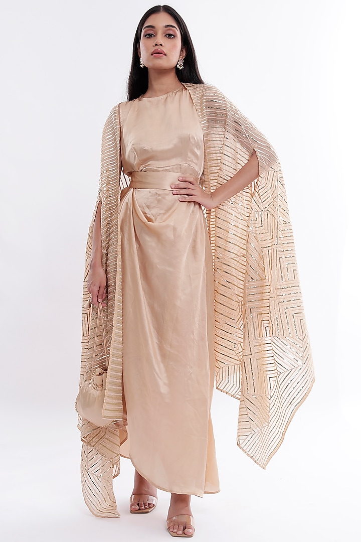 Gold Draped Dress With Cape by Komal Shah