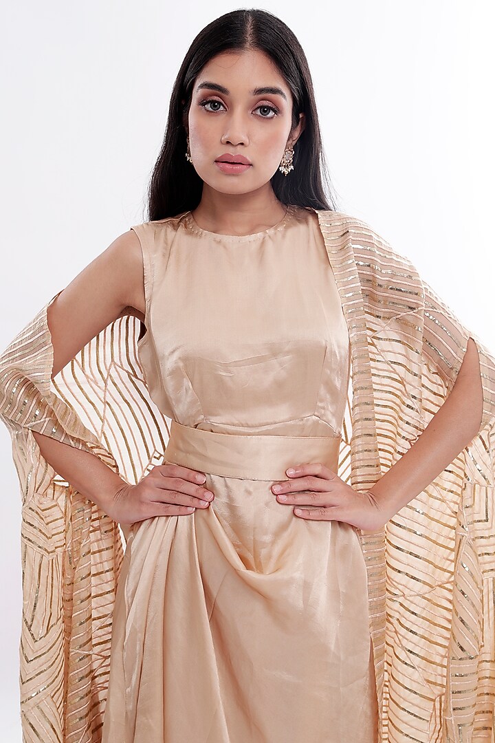 Gold Draped Vacation Dress With Cape by Komal Shah at Pernia's Pop Up Shop