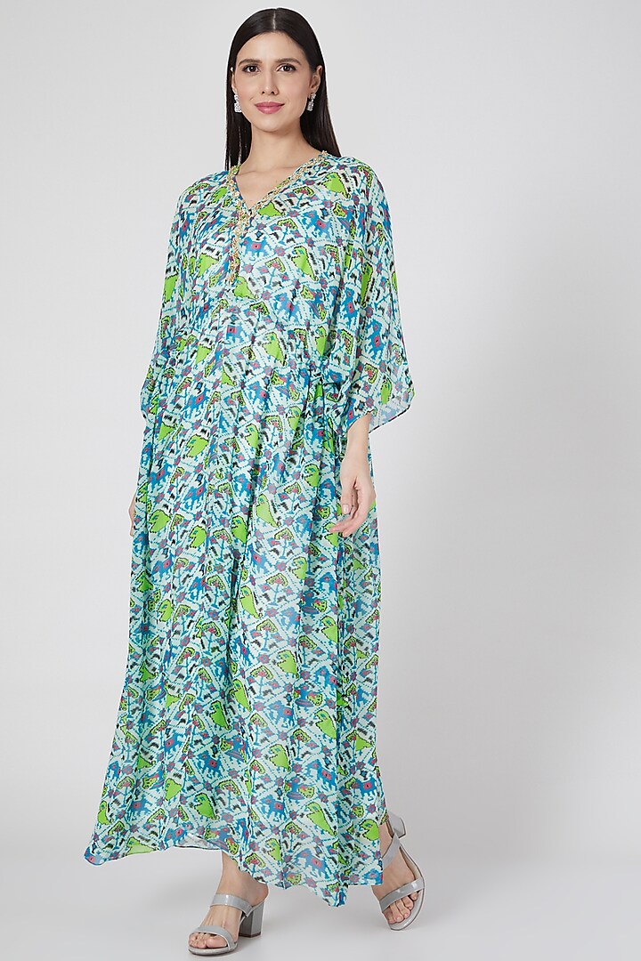 Turquoise Printed Kaftan With Inner by Komal Shah