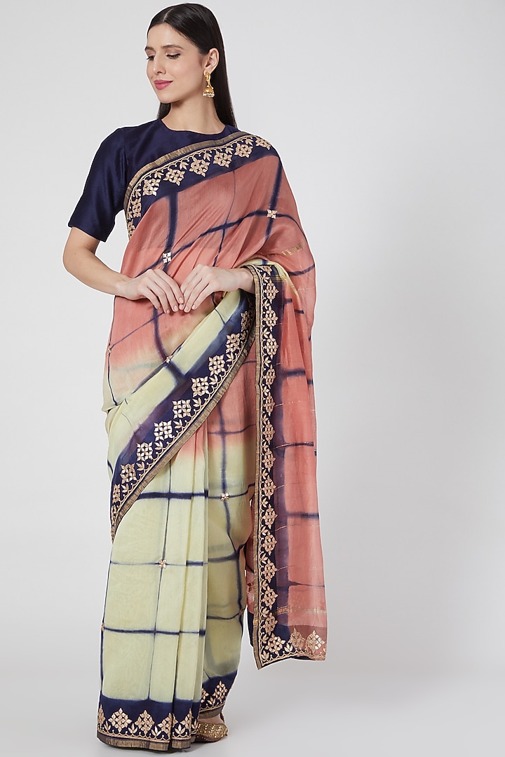 Beige & Peach Chanderi Gota Embroidered Party Wear Saree Set by Komal Shah at Pernia's Pop Up Shop