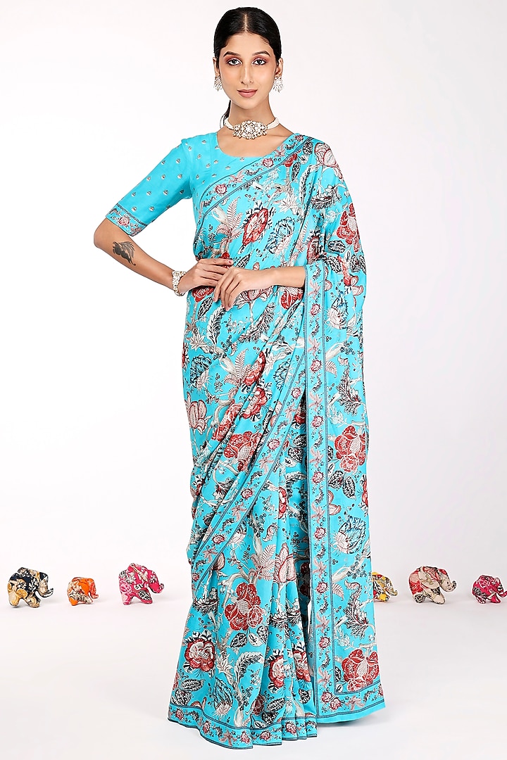 Blue Silk Floral Printed Saree Set by Komal Shah