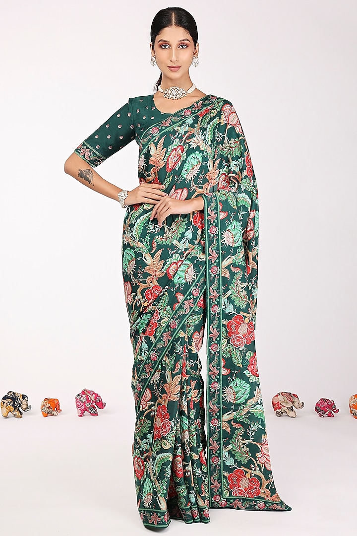 Green Silk Floral Printed Saree Set by Komal Shah