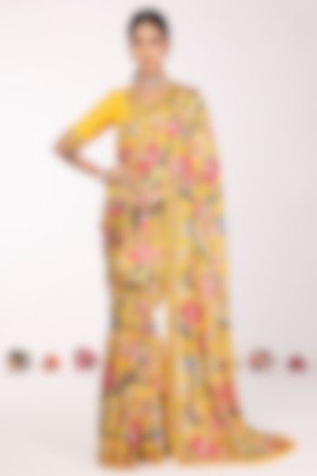 Yellow Silk Floral Printed Festive Saree Set by Komal Shah at Pernia's Pop Up Shop