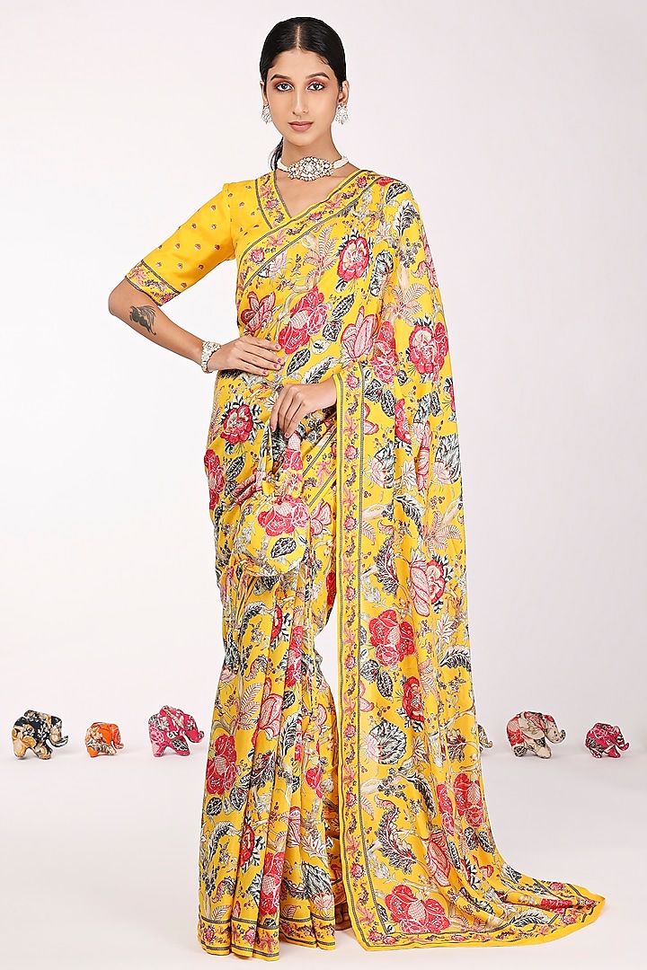 Yellow Silk Floral Printed Festive Saree Set by Komal Shah at Pernia's Pop Up Shop