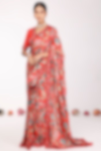 Red Silk Floral Printed Festive Saree Set by Komal Shah at Pernia's Pop Up Shop