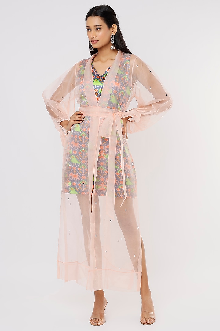 Grey Mashru & Organza Jacket Dress With Belt by Komal Shah