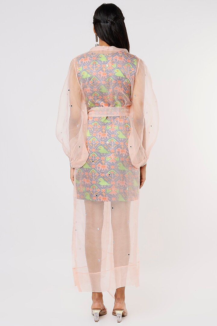 Grey Mashru & Organza Jacket Summer Dress With Belt by Komal Shah at Pernia's Pop Up Shop