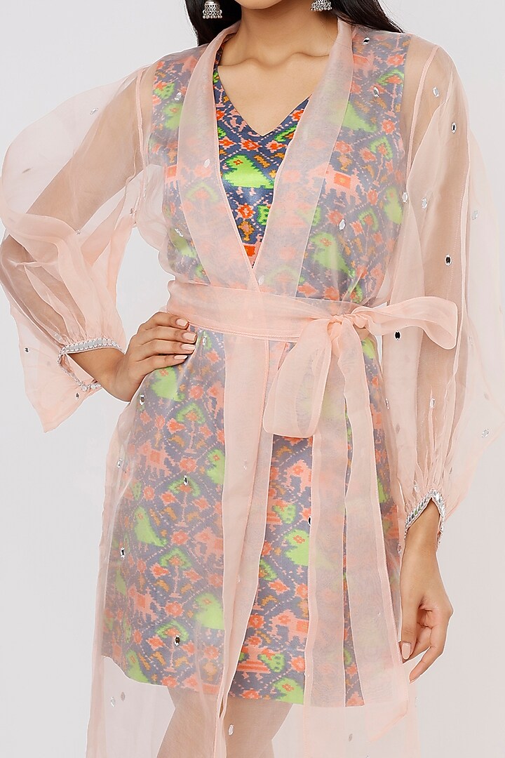 Grey Mashru & Organza Jacket Summer Dress With Belt by Komal Shah at Pernia's Pop Up Shop