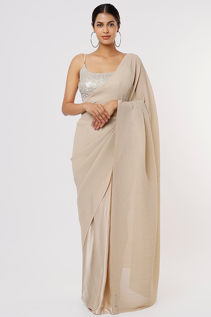 Nude Satin & Pleated Georgette Saree Set by Komal Shah at Pernia's Pop Up Shop