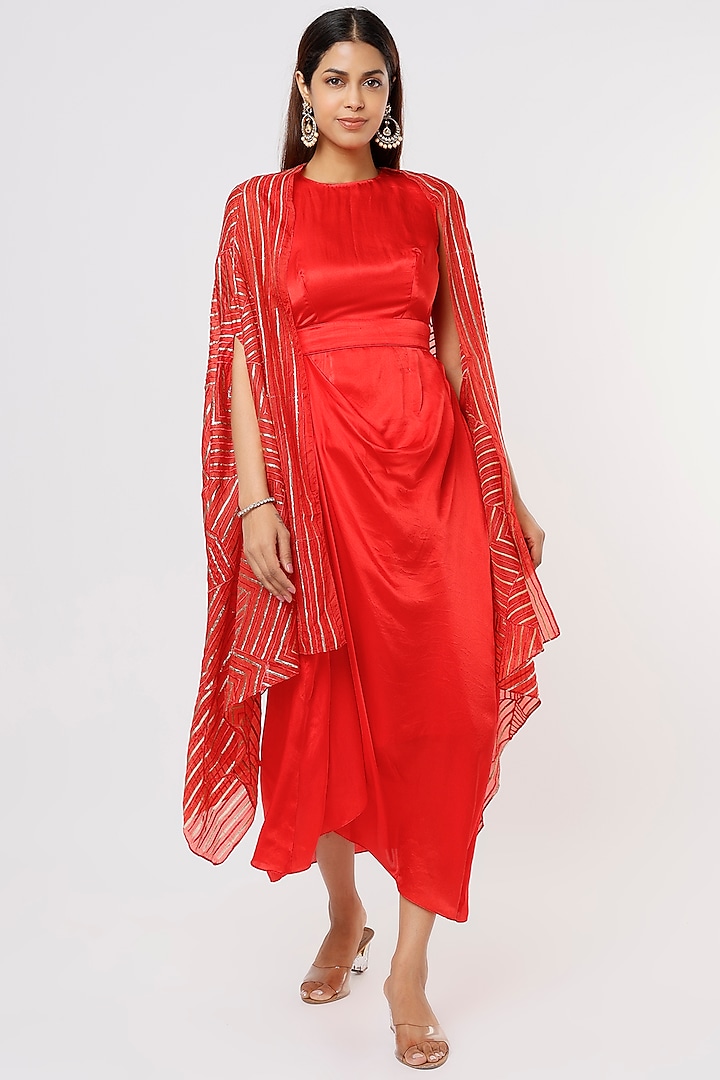 Red Satin Midi Dress With Cape by Komal Shah