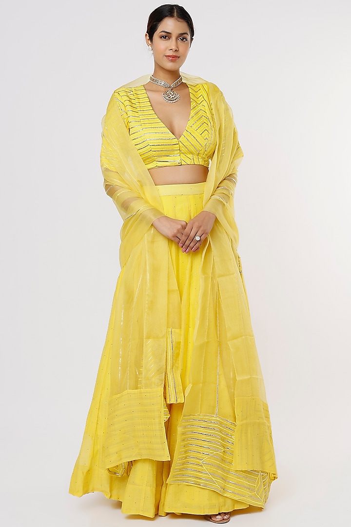 Light Yellow Chanderi Lehenga Set by Komal Shah
