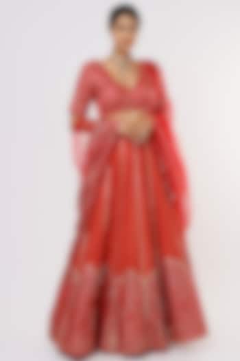 Red Chanderi Embellished Lehenga Set by Komal Shah