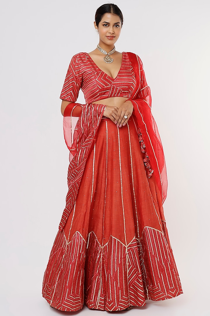 Red Chanderi Embellished Lehenga Set by Komal Shah