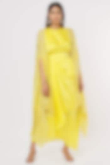 Yellow Satin Midi Dress With Cape by Komal Shah