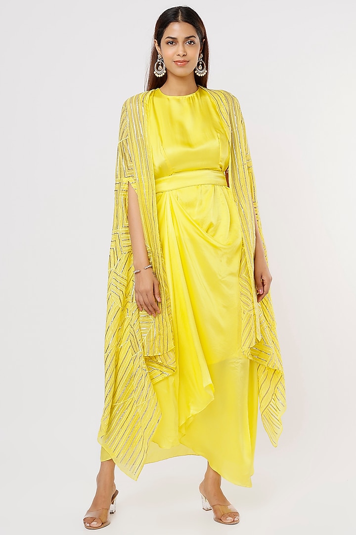 Yellow Satin Midi Dress With Cape by Komal Shah