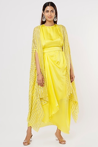 Yellow Satin Midi Dress With Cape by Komal Shah