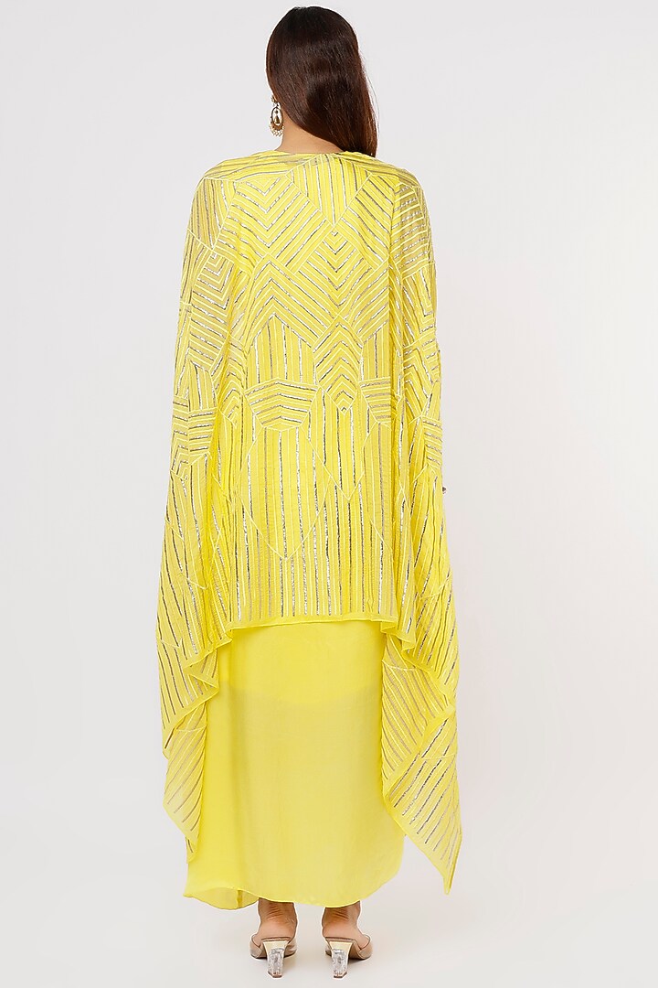 Yellow Satin Midi Vacation Dress With Cape by Komal Shah at Pernia's Pop Up Shop
