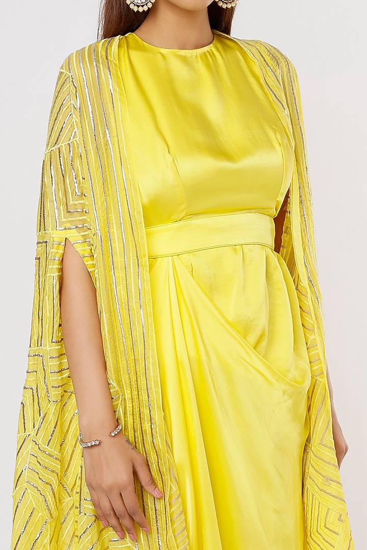 Yellow Satin Midi Vacation Dress With Cape by Komal Shah at Pernia's Pop Up Shop