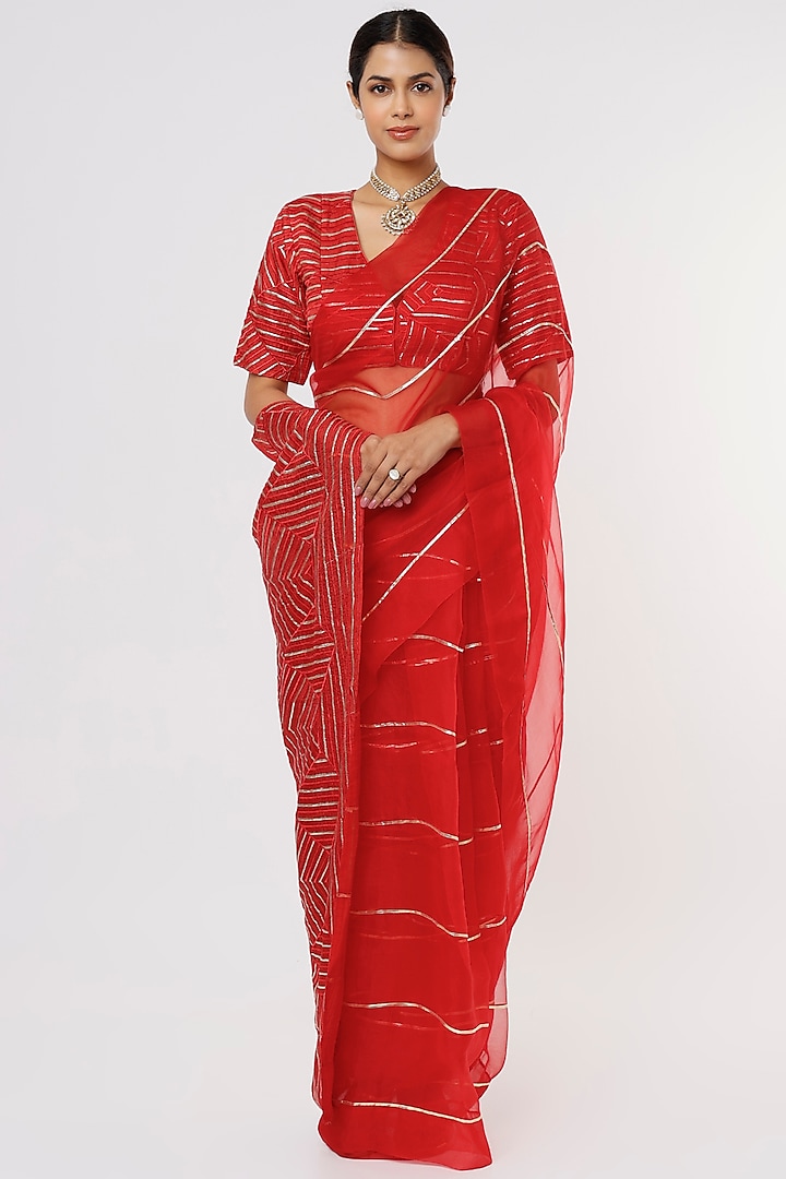 Red Organza Saree Set by Komal Shah