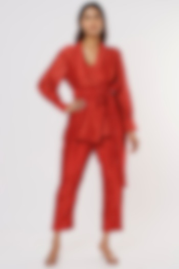 Red Embroidered Wrap Jacket Set by Komal Shah