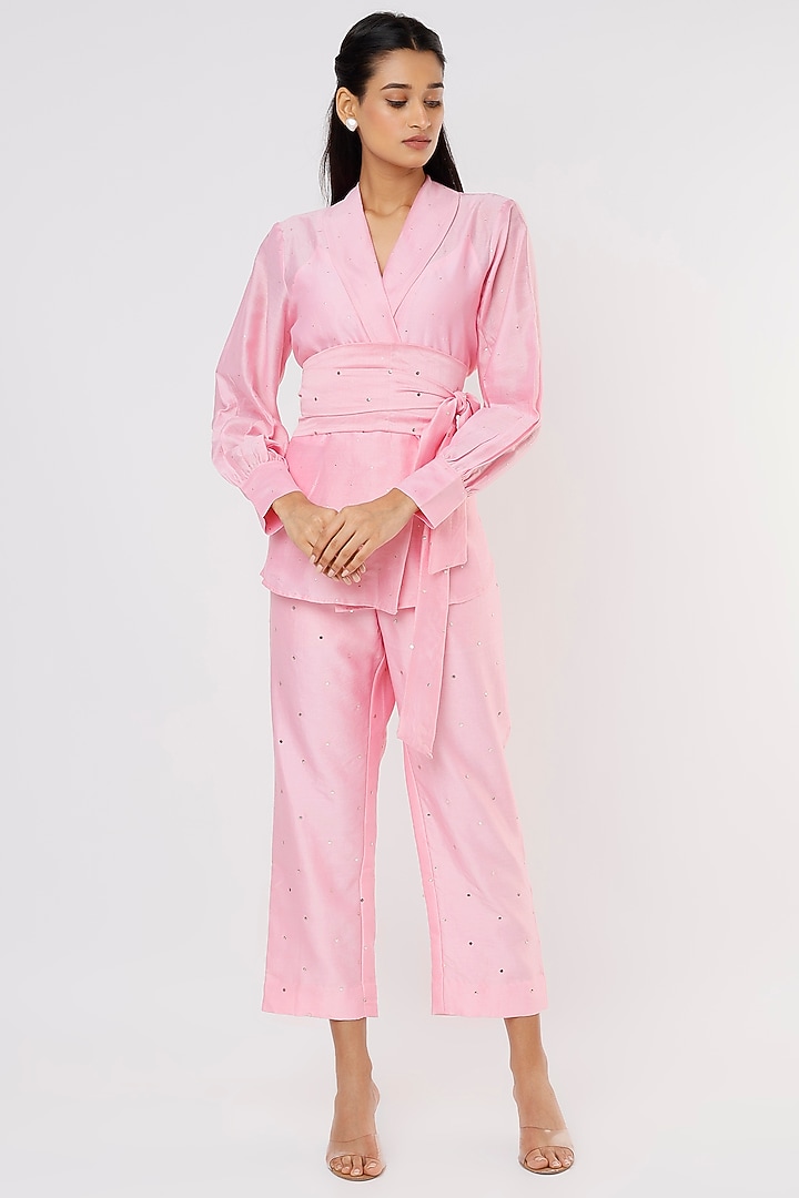 Baby Pink Embroidered Co-Ord Set by Komal Shah at Pernia's Pop Up Shop